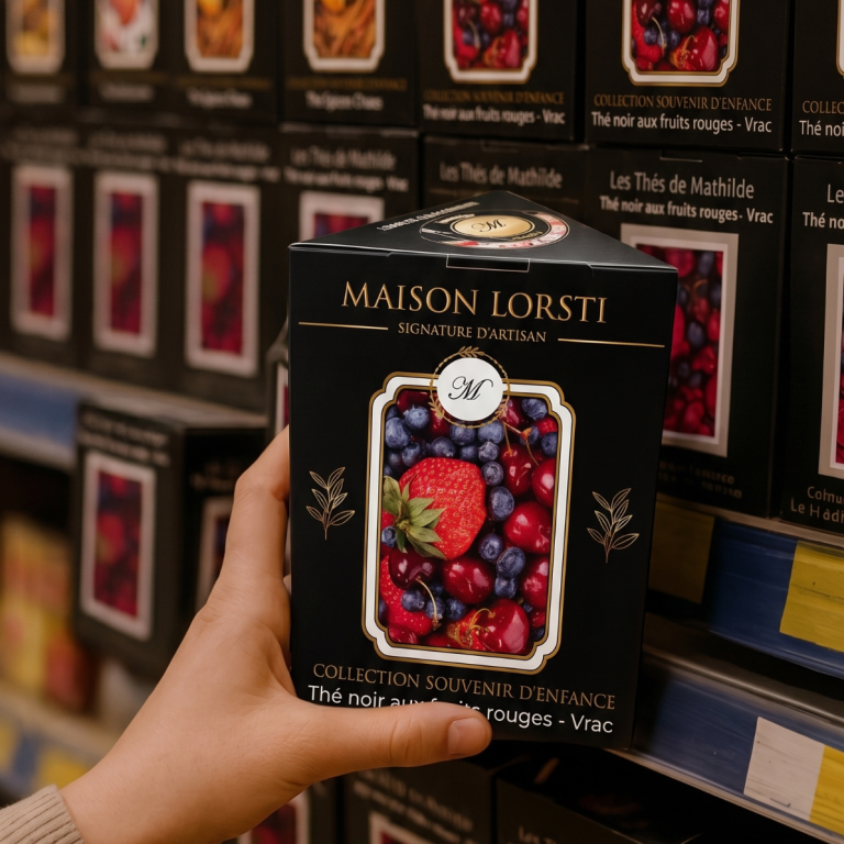 Boîte de thé aux fruits rouges, tenue par une main en magasin.