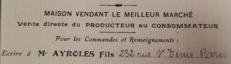 Texte ancien d'une maison de vente directe, mentionnant l'adresse et les services offerts.